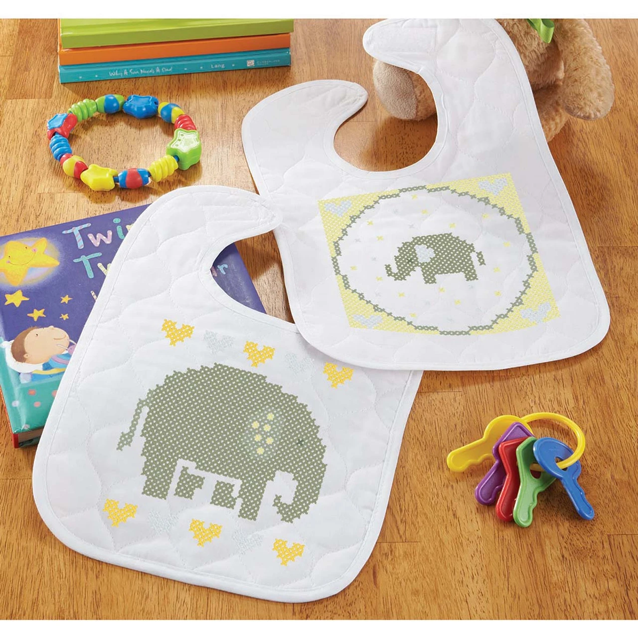 Herrschners Elephant Parade Bibs Stamped Cross-Stitch Kit 1 Herrschners Elephant Parade Bibs Stamped Cross-Stitch Kit
