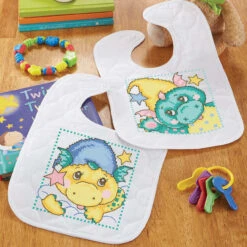 Baby By Herrschners Sleepy Dragons Baby Bibs Stamped Cross-Stitch Kit
