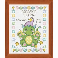 Baby By Herrschners Sleepy Dragons Birth Record Counted Cross-Stitch Kit