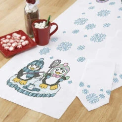 Herrschners Snowy Penguins Table Runner & Napkins Stamped Cross-Stitch