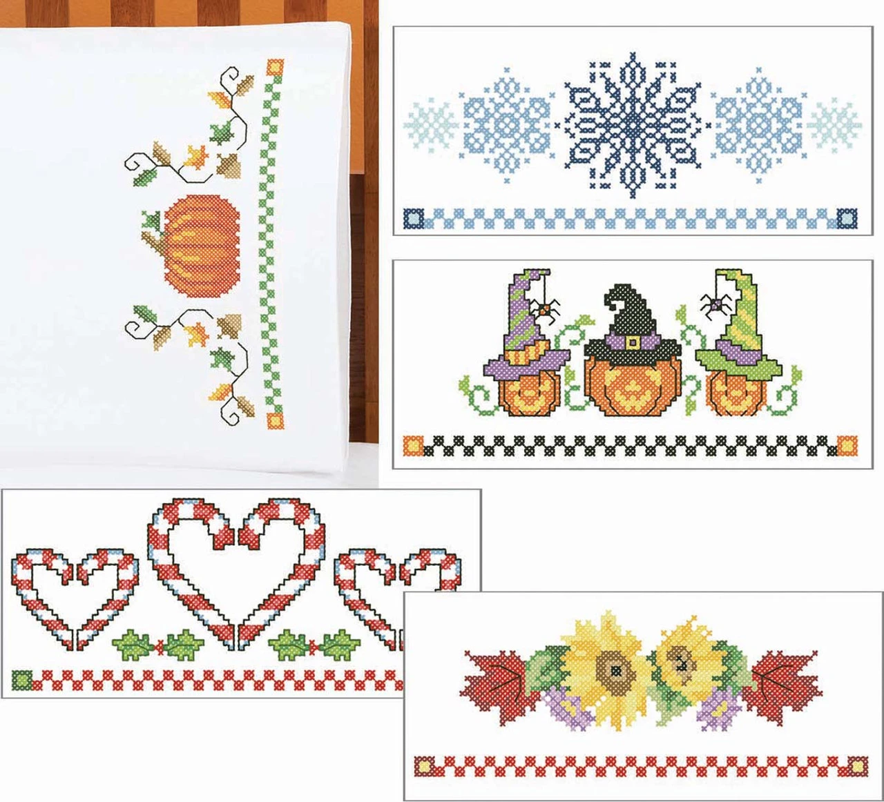 Herrschners Holiday Pillowcase Collection Stamped Cross-Stitch 1 Herrschners Holiday Pillowcase Collection Stamped Cross-Stitch