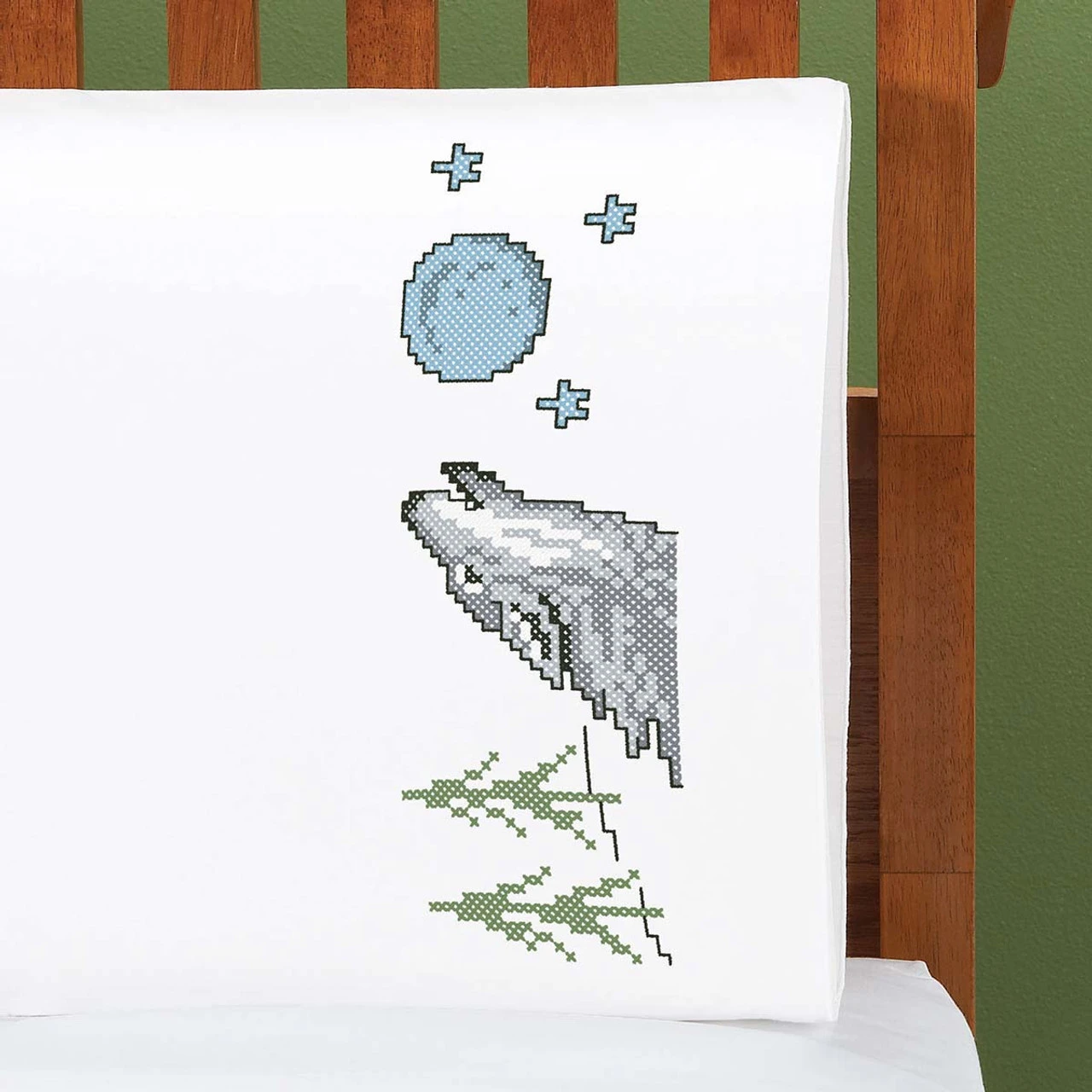 Herrschners Moonlight Wolf Pillowcase Pair Stamped Cross-Stitch 1 Herrschners Moonlight Wolf Pillowcase Pair Stamped Cross-Stitch