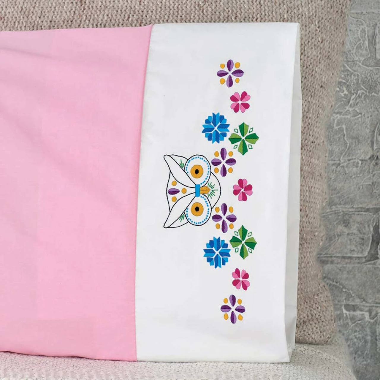 Herrschners Floral Owl Pillowcase Pair Stamped Cross-Stitch 1 Herrschners Floral Owl Pillowcase Pair Stamped Cross-Stitch