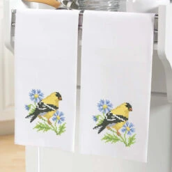 Herrschners Floral Finch Towel Pair Stamped Cross-Stitch