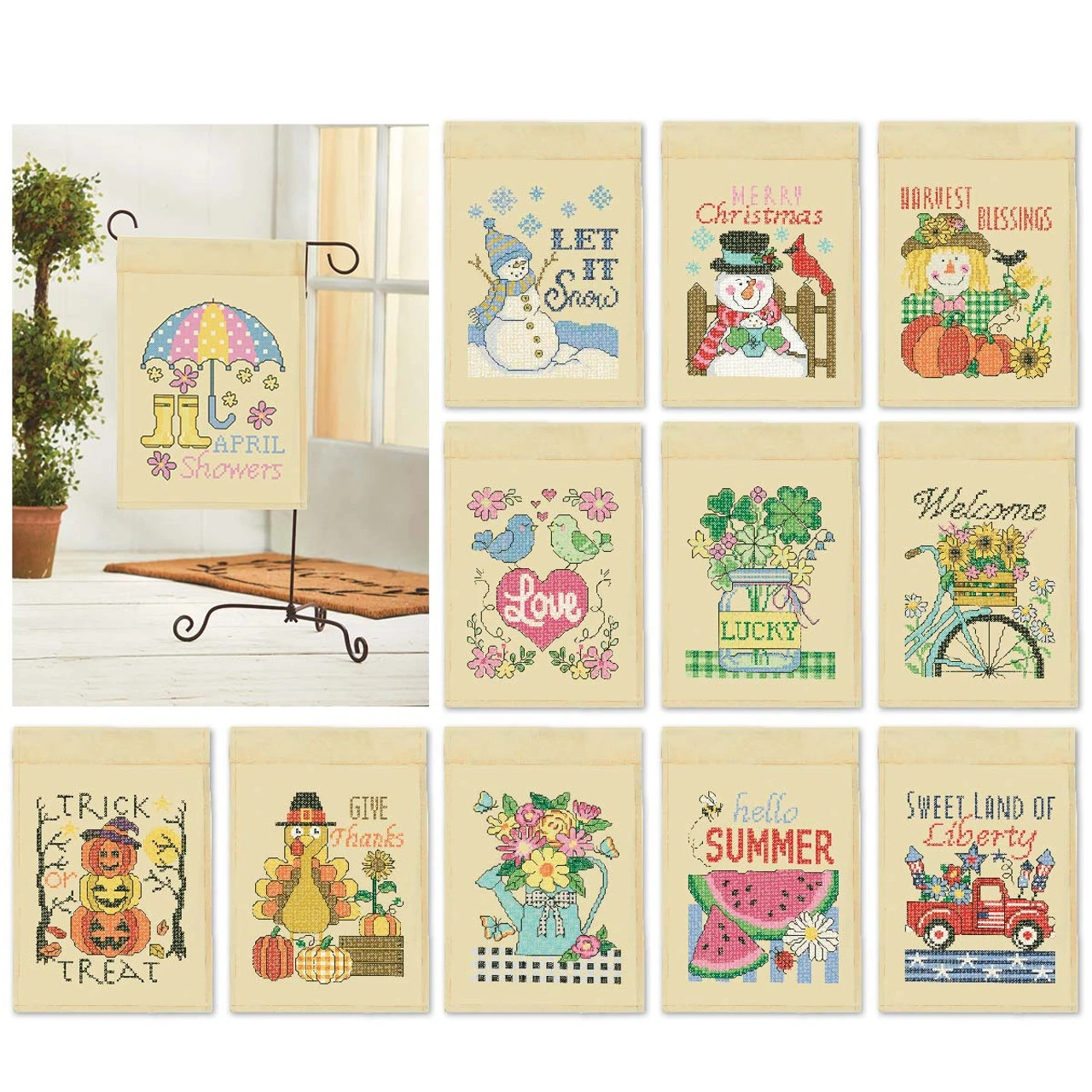 Herrschners Monthly Porch Flags With FREE Stand Stamped Cross-Stitch 1 Herrschners Monthly Porch Flags With FREE Stand Stamped Cross-Stitch