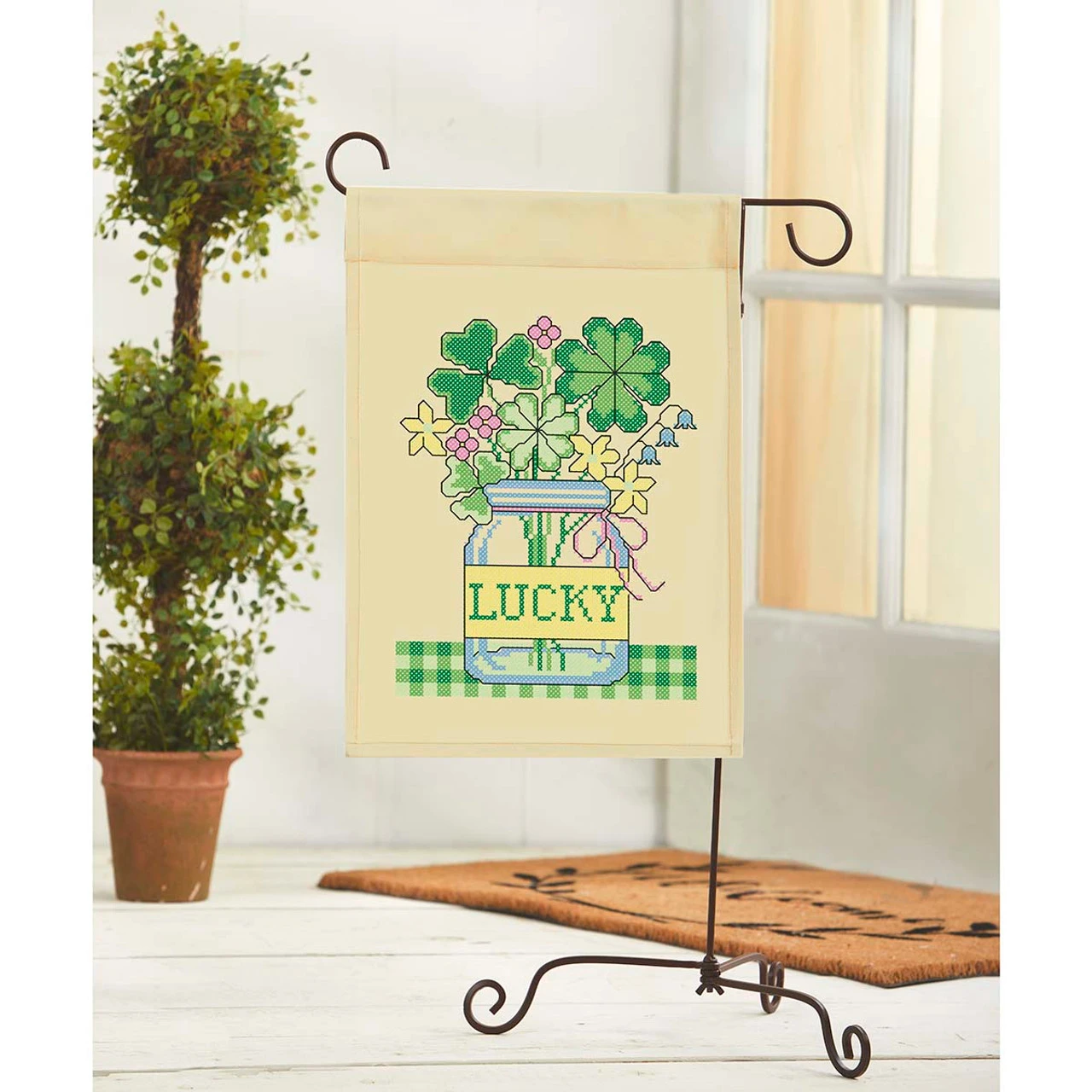 Herrschners Lucky Porch Flag Stamped Cross-Stitch Kit 1 Herrschners Lucky Porch Flag Stamped Cross-Stitch Kit