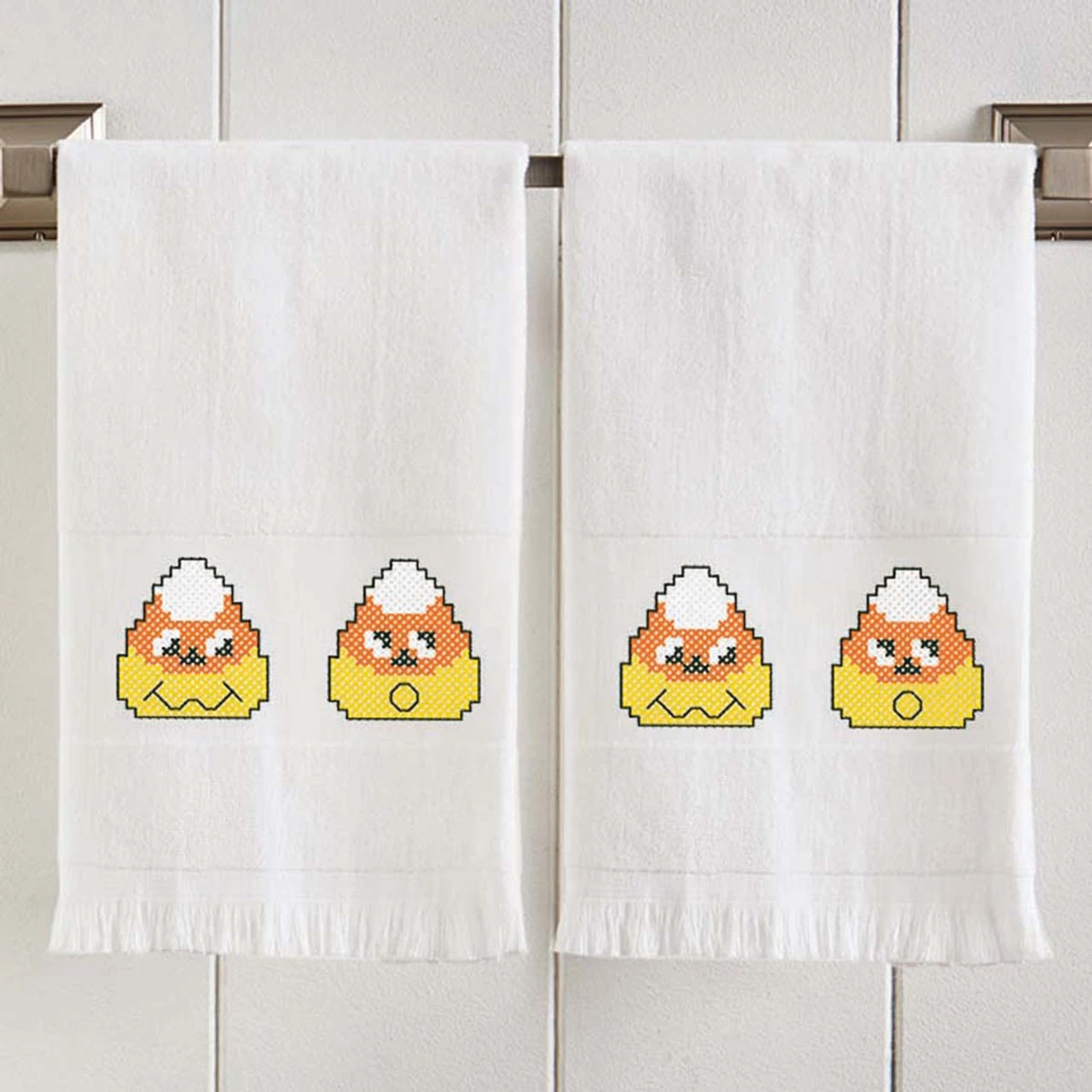 Herrschners Candy Corn Terry Towel Pair Stamped Cross-Stitch 1 Herrschners Candy Corn Terry Towel Pair Stamped Cross-Stitch
