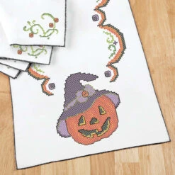 Herrschners Pumpkin Smiles Table Runner & Napkins Stamped Cross-Stitch