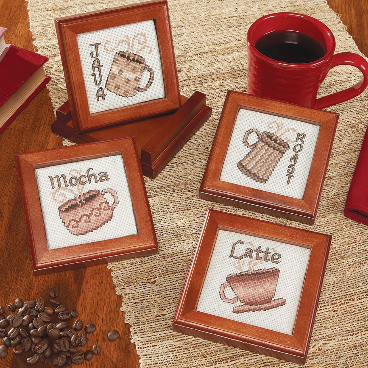 Herrschners Coffee Coasters With Holder Counted Cross-Stitch Kit 1 Herrschners Coffee Coasters With Holder Counted Cross-Stitch Kit