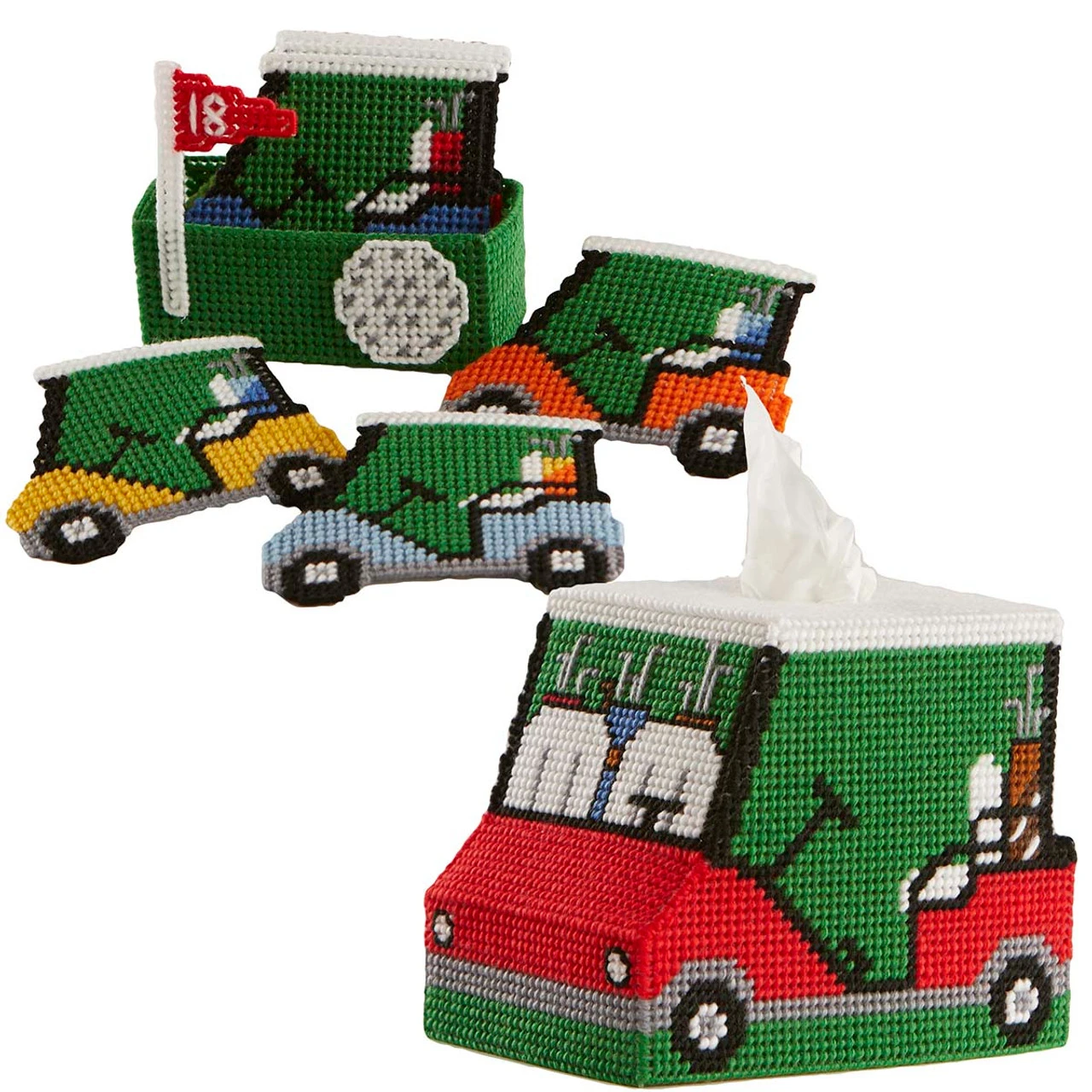 Herrschners Golf Cart Tissue Box & Coasters Plastic Canvas 1 Herrschners Golf Cart Tissue Box & Coasters Plastic Canvas