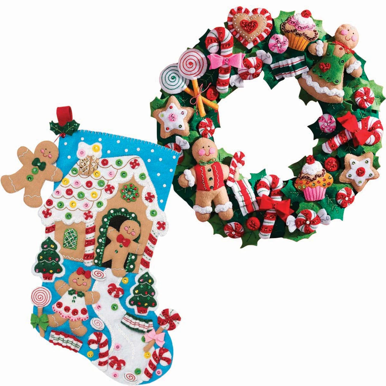 Bucilla Gingerbread Wreath & Stocking, Set Of 2 Felt & Sequin Kit 1 Bucilla Gingerbread Wreath & Stocking, Set Of 2 Felt & Sequin Kit