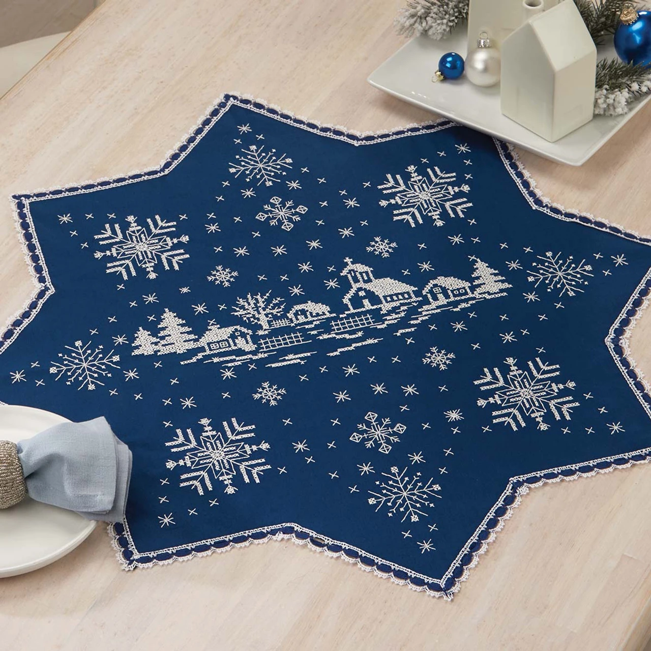 Herrschners Village In The Snowfall Table Topper Stamped Cross-Stitch Kit 1 Herrschners Village In The Snowfall Table Topper Stamped Cross-Stitch Kit