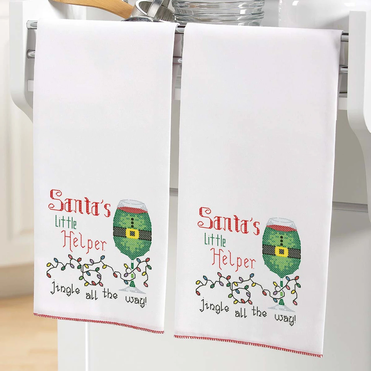 Herrschners Christmas Wine Towel Pair Stamped Cross-Stitch 1 Herrschners Christmas Wine Towel Pair Stamped Cross-Stitch