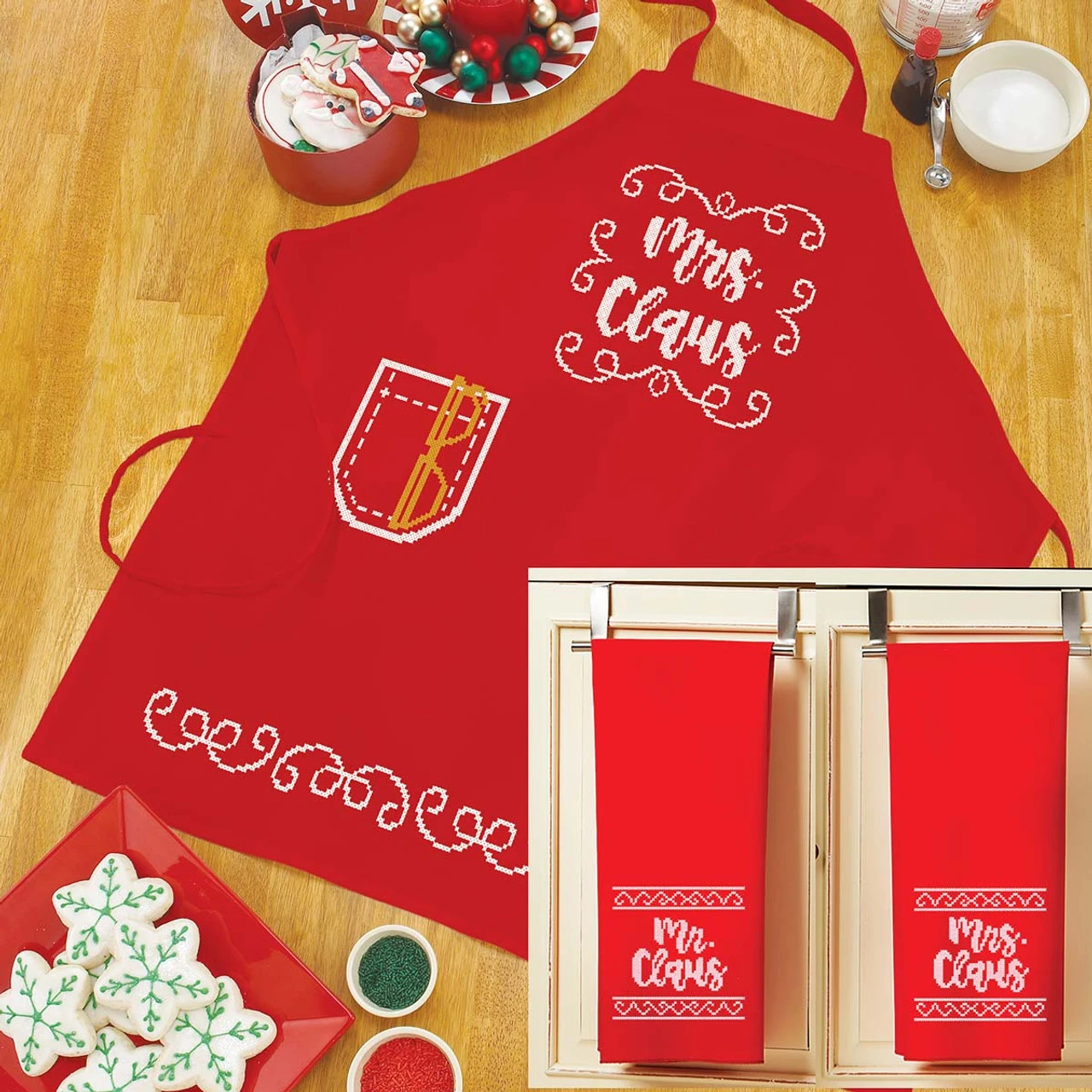 Herrschners Mr. & Mrs. Claus Apron & Towel Pair Set Stamped Cross-Stitch 1 Herrschners Mr. & Mrs. Claus Apron & Towel Pair Set Stamped Cross-Stitch