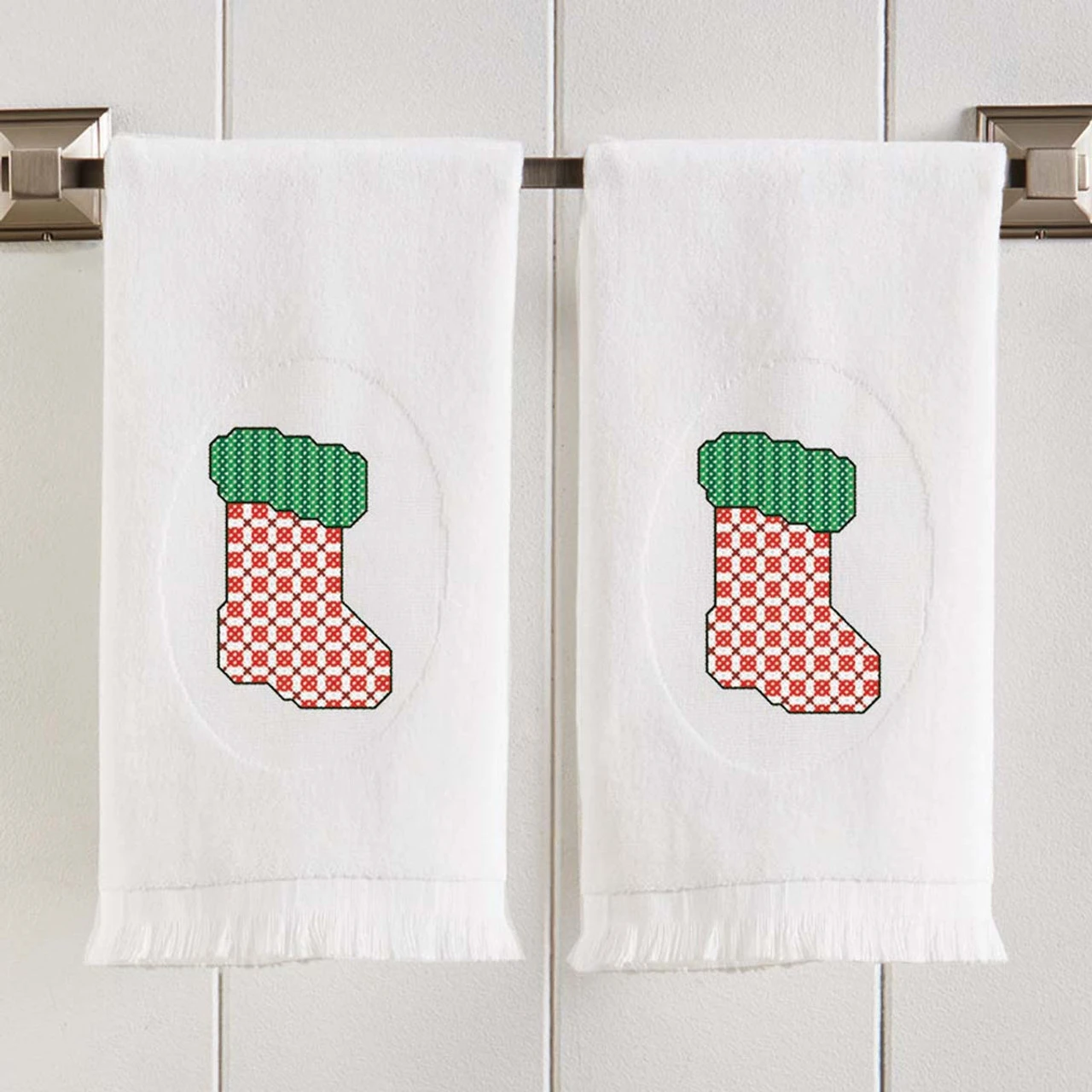 Herrschners Gingham Stockings Terry Towel Pair Stamped Cross-Stitch 1 Herrschners Gingham Stockings Terry Towel Pair Stamped Cross-Stitch