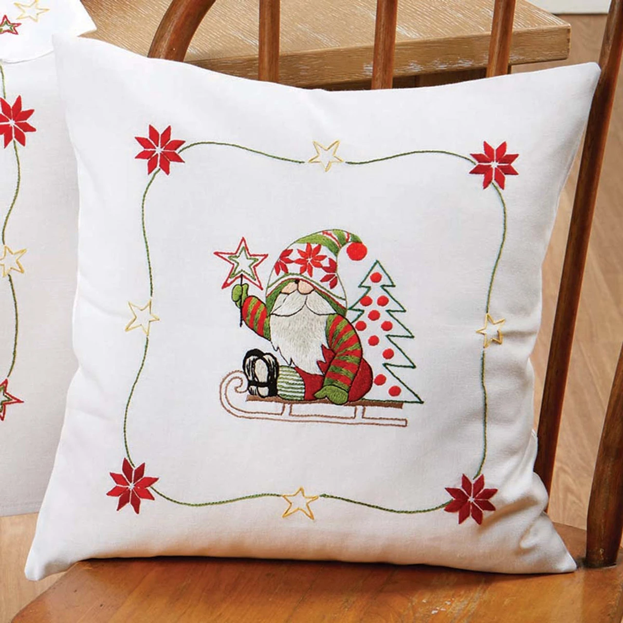Herrschners Gnome Santa On Sled Pillow Cover Stamped Embroidery Kit 1 Herrschners Gnome Santa On Sled Pillow Cover Stamped Embroidery Kit