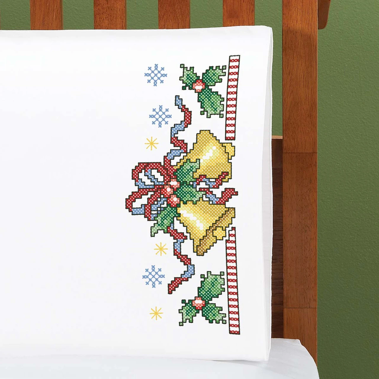 Herrschners Christmas Bells Pillowcase Pair Stamped Cross-Stitch 1 Herrschners Christmas Bells Pillowcase Pair Stamped Cross-Stitch