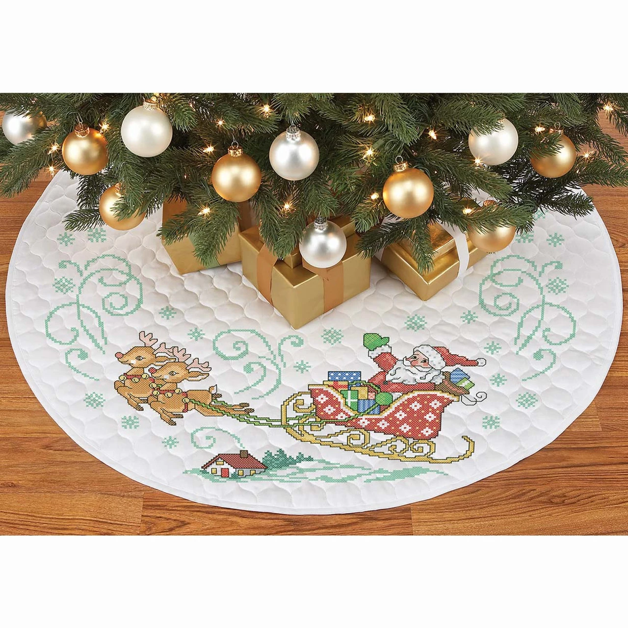 Herrschners Here Comes Santa Tree Skirt Stamped Cross-Stitch Kit 1 Herrschners Here Comes Santa Tree Skirt Stamped Cross-Stitch Kit